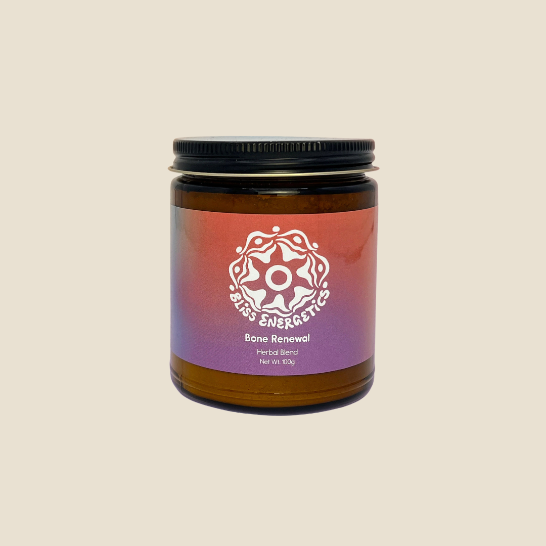 Jar of 'Bone Renewal' herbal blend by Bliss Energetics Australia with a colourful label on a beige background