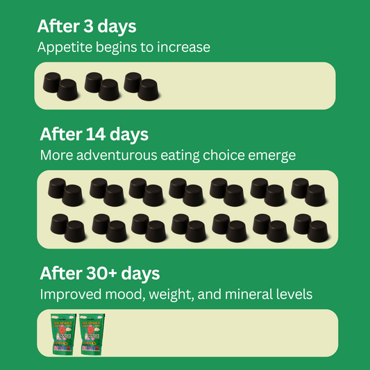 Subluna Nourished Child results timeline showing appetite, picky eating improvement, and mood benefits – ancestral supplements for kids in Australia at Born Primal